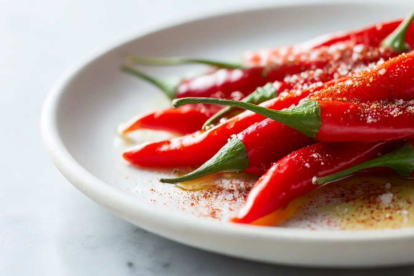 Airfryer Feurige Chili-Schoten in der Heißluftfritteuse zubereitet.