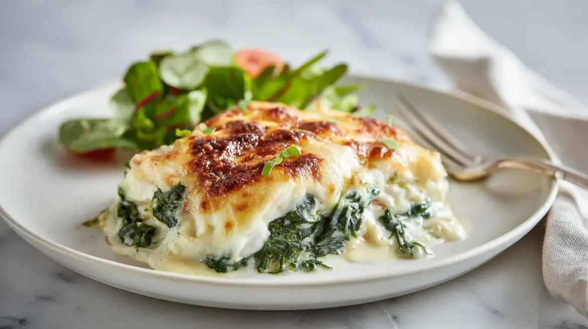 Leckeres Airfryer Fischgratin mit frischem Spinat zubereitet.