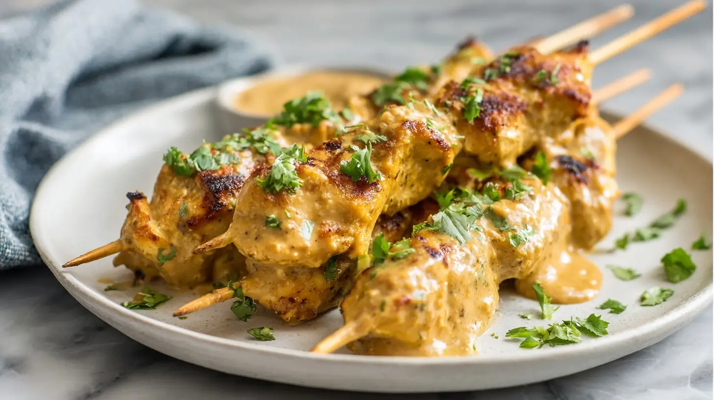 Leckeres Airfryer Hähnchen-Satay mit Erdnusssoße, ideal für ein schnelles Abendessen.