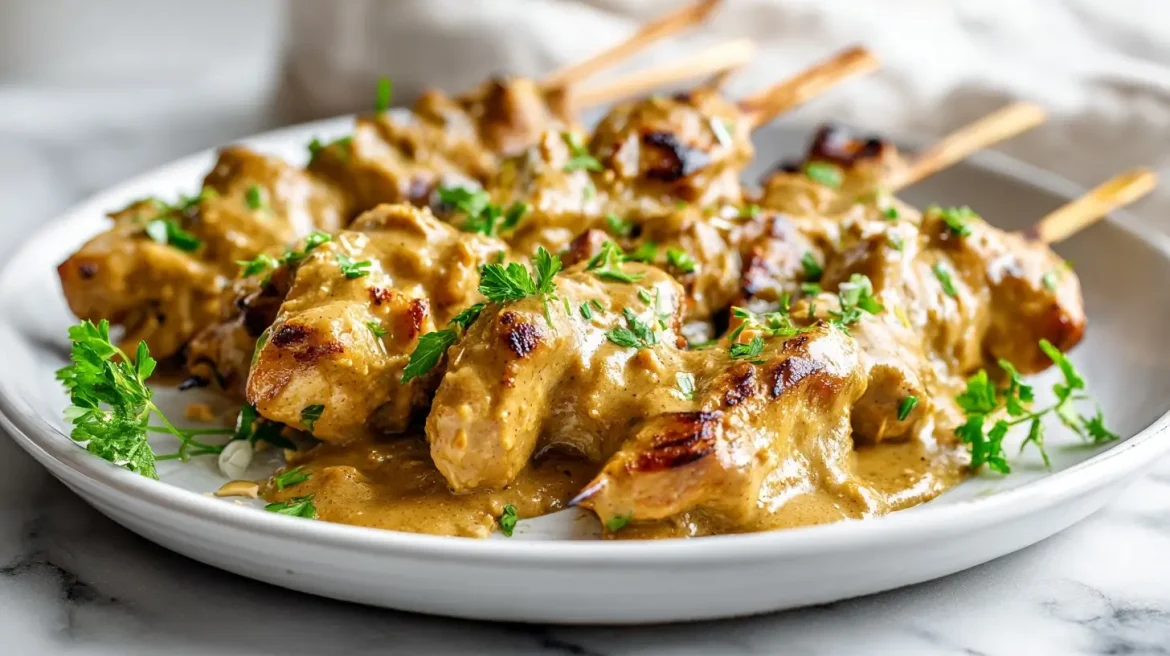 Leckeres Airfryer Hähnchen-Satay mit einer cremigen Erdnusssoße.
