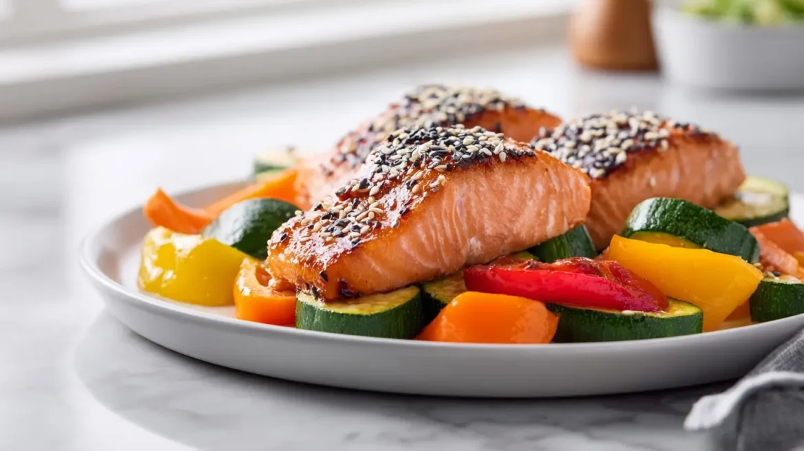 Lachs-Teriyaki im Airfryer mit frischem Gemüse zubereitet.