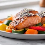 Lachs-Teriyaki im Airfryer mit frischem Gemüse zubereitet.