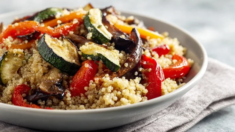 Leckere Airfryer Power-Bowl mit Quinoa und Ofengemüse zubereitet.