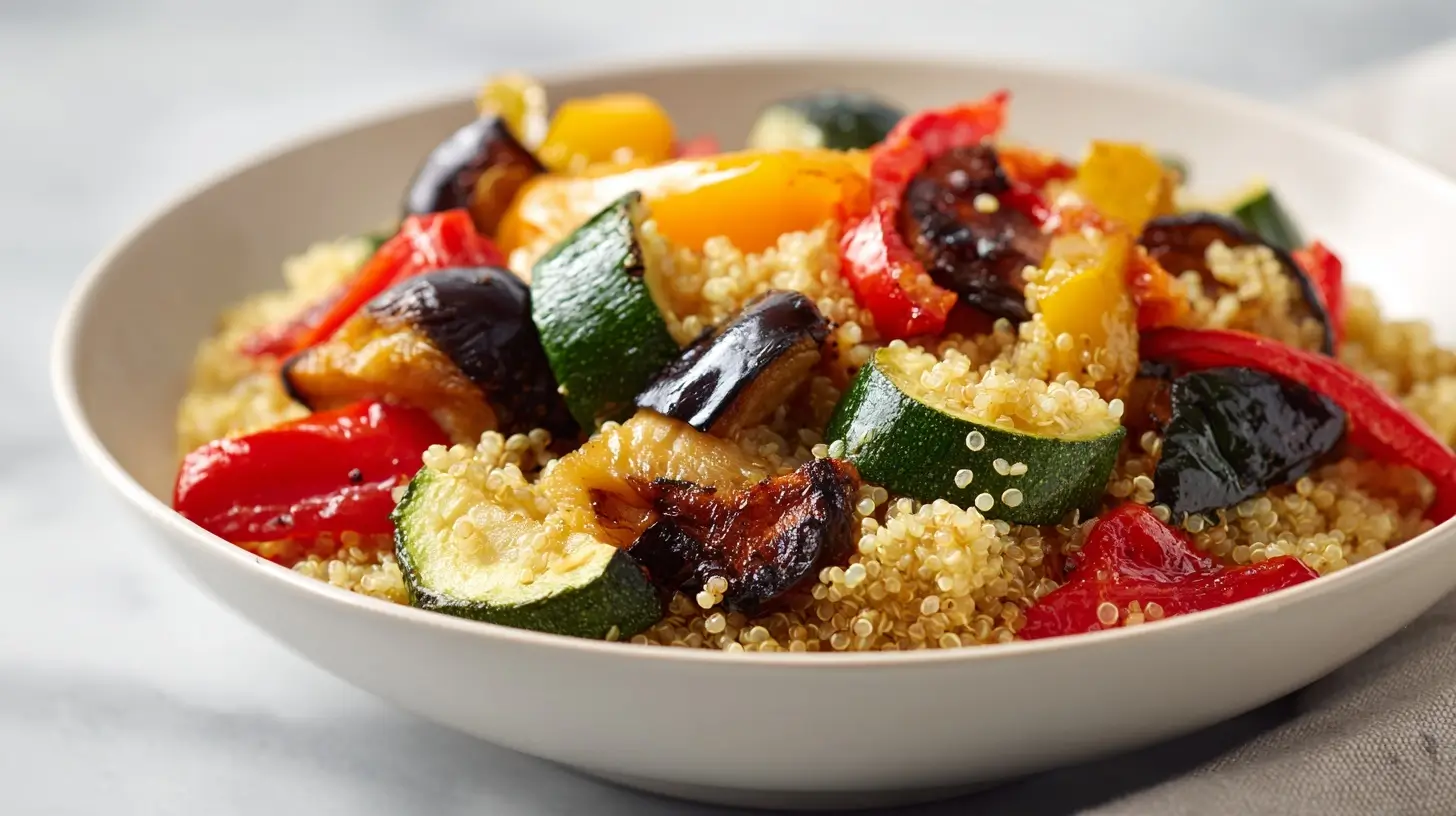Airfryer Power-Bowl mit Quinoa und Ofengemüse, köstlich zubereitet in der Heißluftfritteuse.