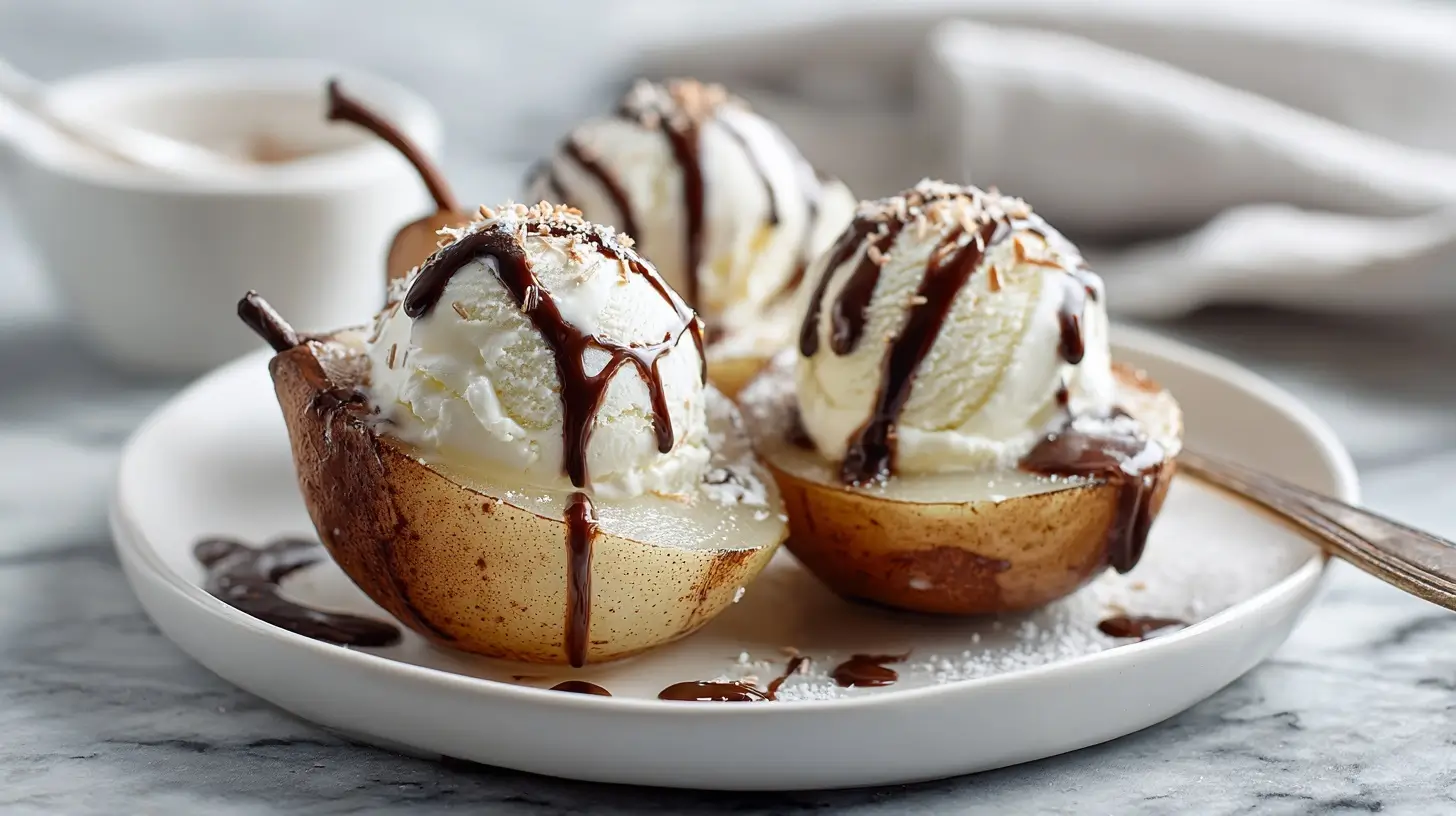 Schoko-Birnen mit Vanilleeis für die Heißluftfritteuse zubereiten.
