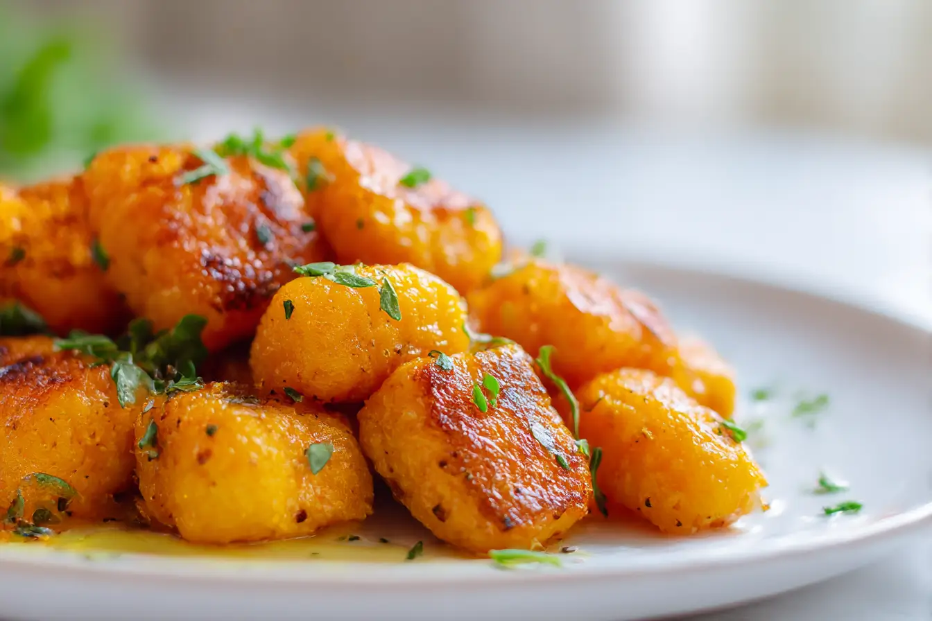 Leckere Airfryer Süßkartoffel Gnocchi, goldbraun und knusprig zubereitet.