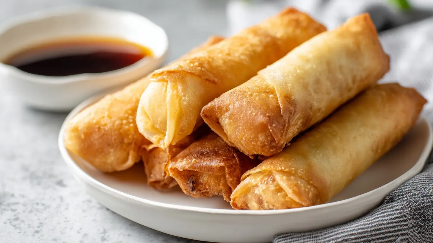 Leckere asiatische Frühlingsrollen, golden gebraten in der Heißluftfritteuse.