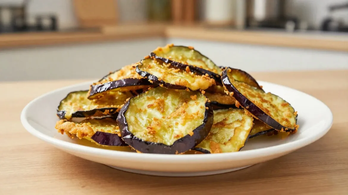 Knusprige Auberginen-Chips frisch zubereitet im Airfryer für einen gesunden Snack.