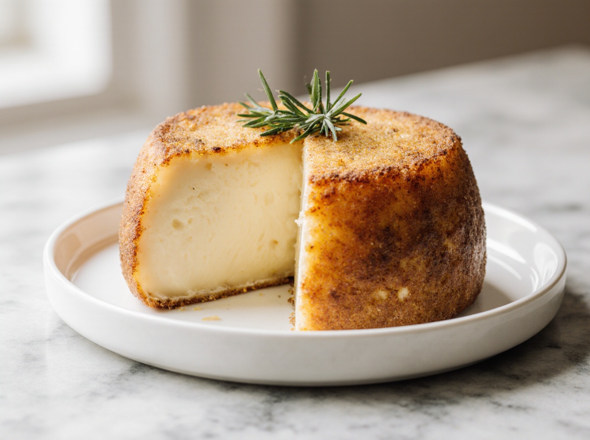 Leckerer Back-Camembert aus der Heißluftfritteuse auf einem Teller.
