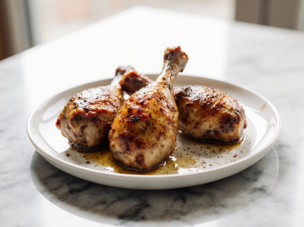 Leckeres Backhähnchen aus der Heißluftfritteuse, knusprig und saftig.