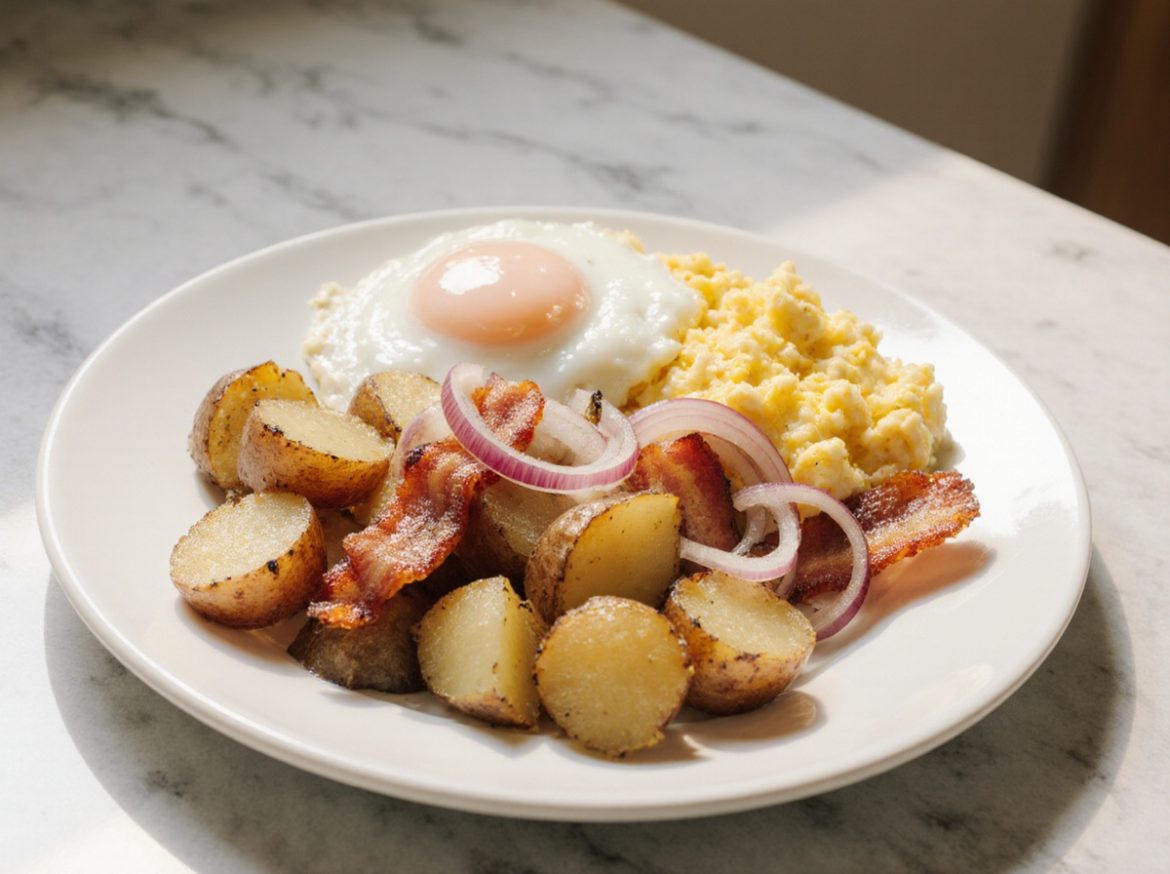 Bauernfrühstück aus der Heißluftfritteuse - ein köstliches, gesundes Gericht.