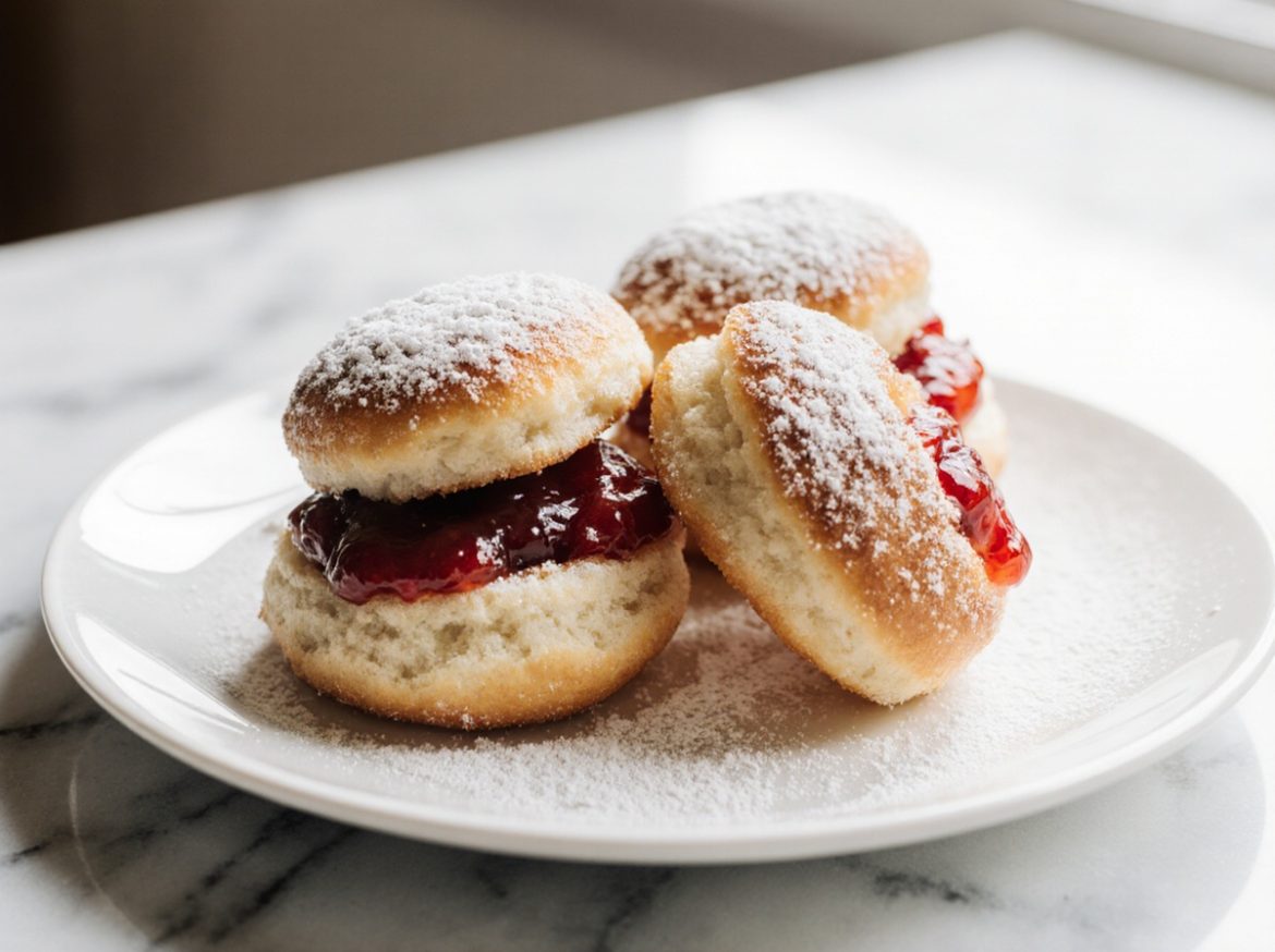 Berliner aus der Heißluftfritteuse auf einem Teller präsentiert.