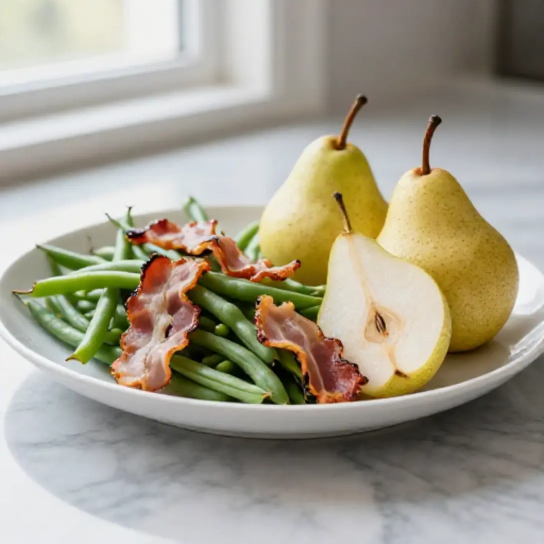 Birnen Bohnen und Speck im Airfryer, ein schnelles und einfaches Gericht.