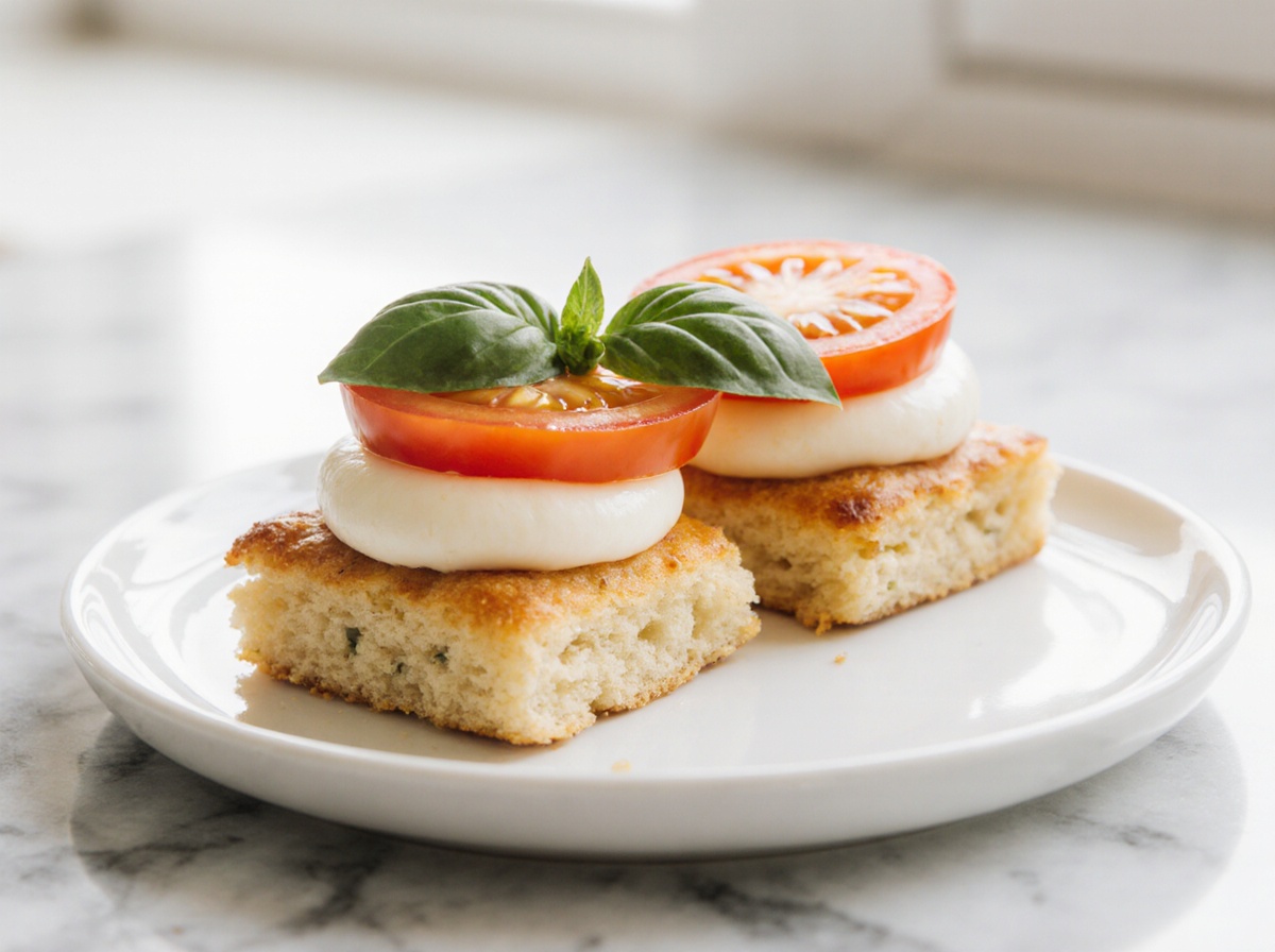 Blätterteigquadrate Tomate-Mozzarella frisch zubereitet in der Heißluftfritteuse.