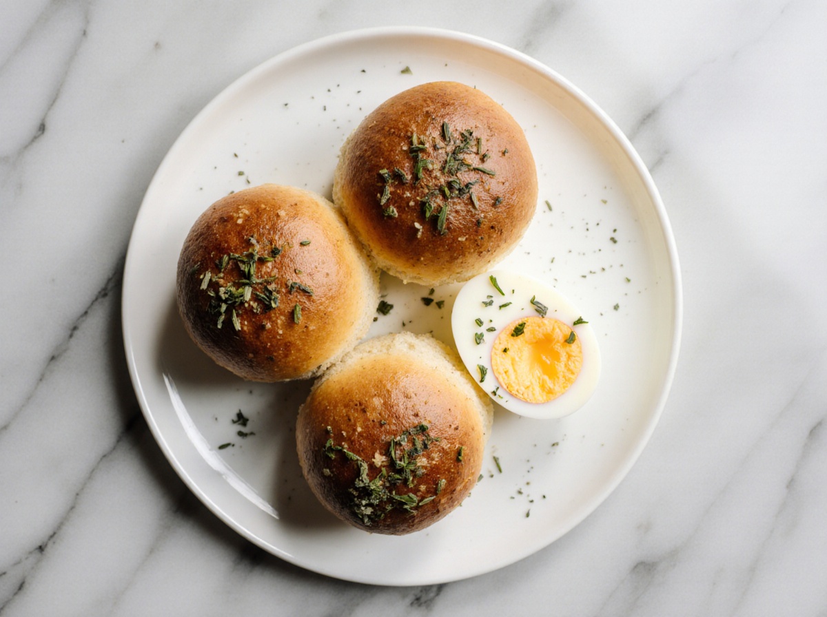 Brötchen und Frühstücksei aus der Heißluftfritteuse perfekt zubereitet.