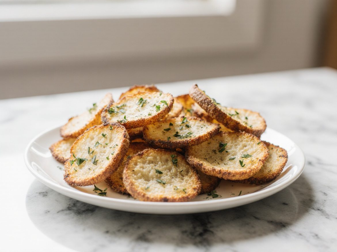 Leckere Brotchips in der Heißluftfritteuse zubereitet.
