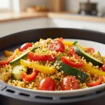 Bulgur-Pfanne aus der Heißluftfritteuse, vollgepackt mit frischem Gemüse und Gewürzen.