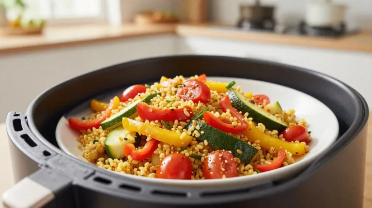 Bulgur-Pfanne aus der Heißluftfritteuse, vollgepackt mit frischem Gemüse und Gewürzen.