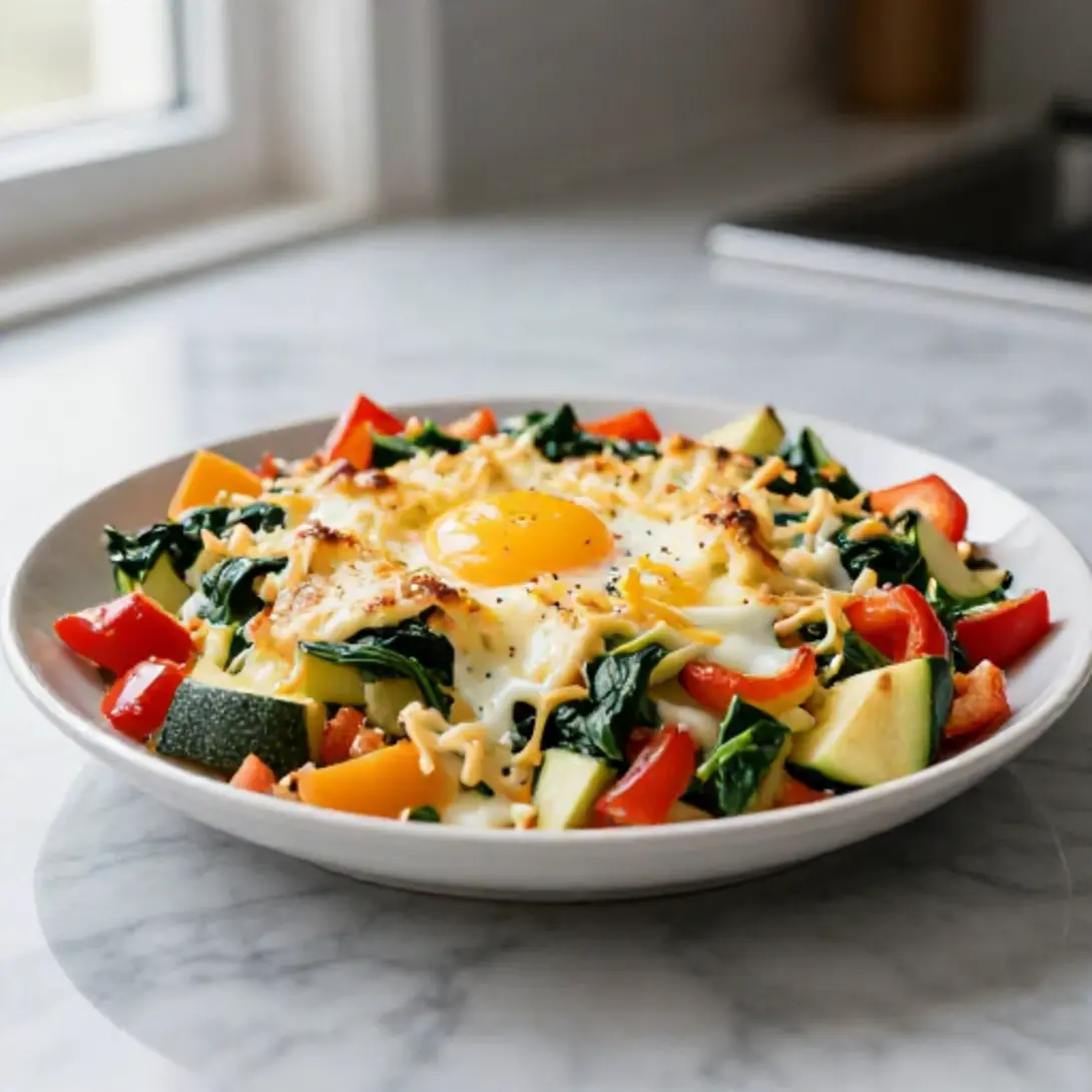 Bunter Osterbrunch-Auflauf aus der Heißluftfritteuse perfekt angerichtet.
