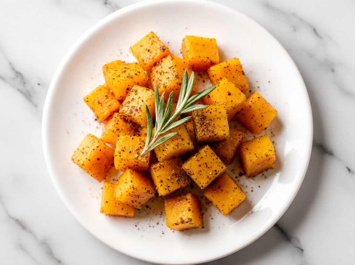 Butternut Kürbis aus der Heißluftfritteuse zubereitet und serviert.