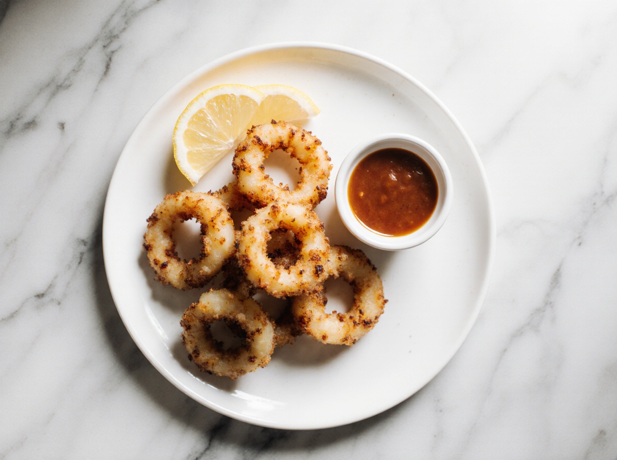 Knusprige Calamari-Ringe aus der Heißluftfritteuse, perfekt für jeden Snack.