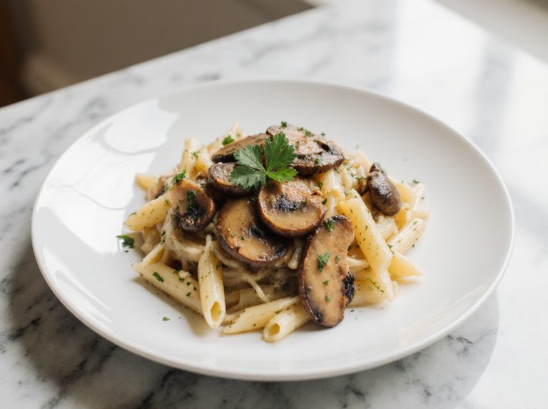 Leckere Champignon-Pasta aus der Heißluftfritteuse zubereitet.