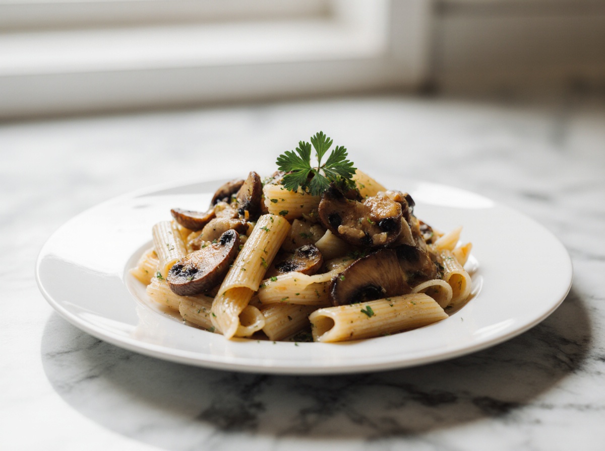 Leckere Champignon-Pasta aus der Heißluftfritteuse, perfekt für ein schnelles Abendessen.