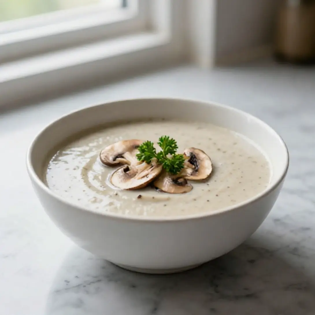 Genieße die aromatische Champignoncremesuppe, frisch zubereitet in der Heißluftfritteuse.