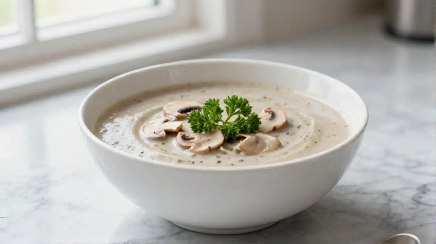 Leckere Champignoncremesuppe, perfekt aus der Heißluftfritteuse zubereitet.