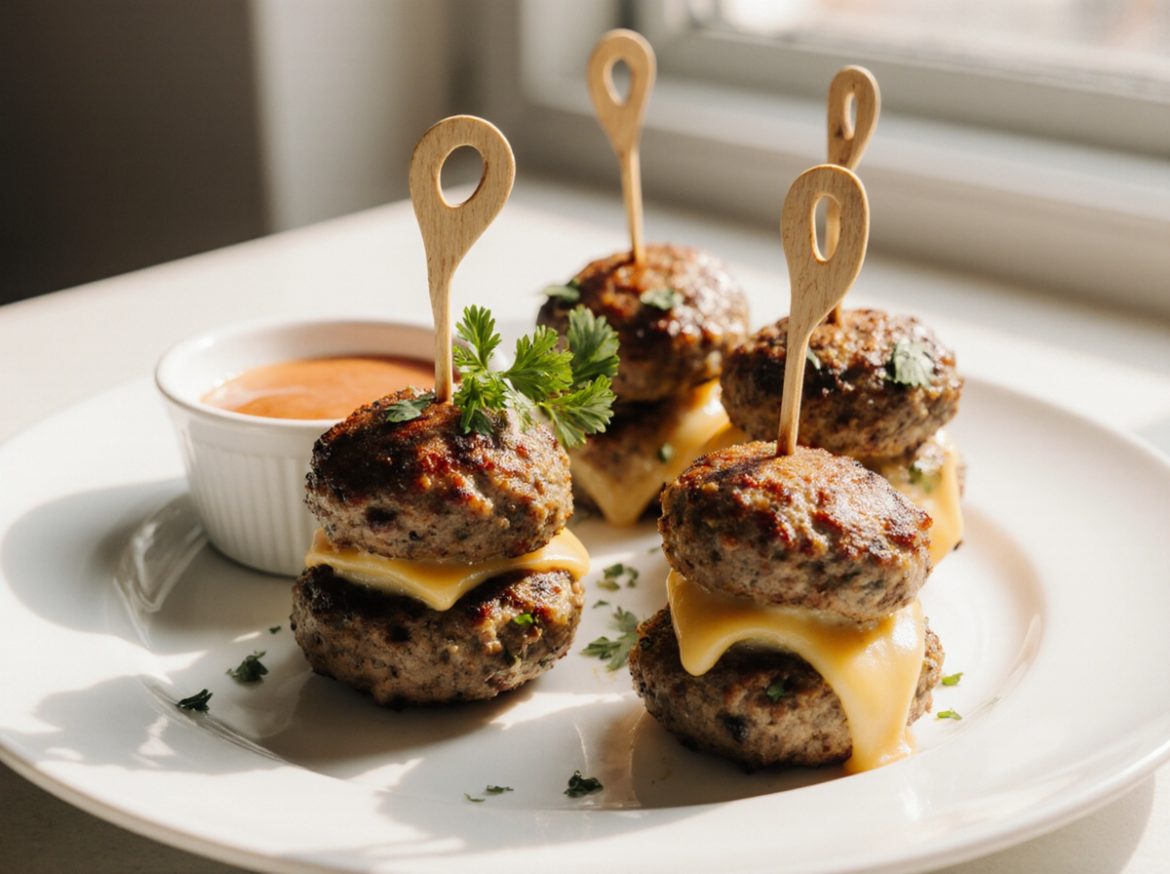 Leckere Cheeseburger Spieße aus der Heißluftfritteuse.