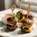 Leckere Cheeseburger Spieße aus der Heißluftfritteuse.