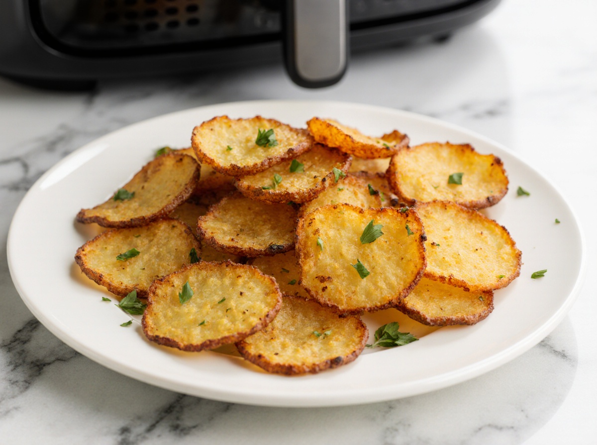Leckere Chips aus Kartoffelschalen, zubereitet im Airfryer für den perfekten Snack.