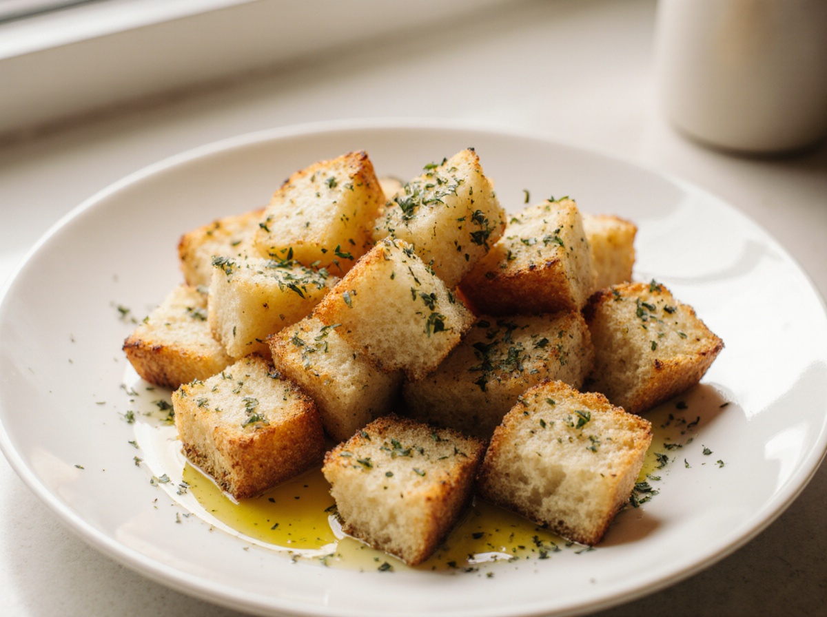 Leckere Croutons aus der Heißluftfritteuse für deinen Salat.