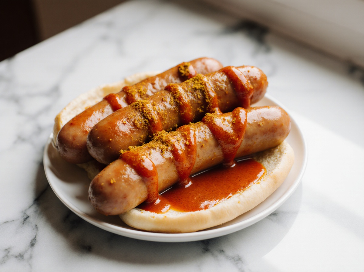 Currywurst aus der Heißluftfritteuse, knusprig und lecker zubereitet.