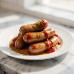 Currywurst aus der Heißluftfritteuse - eine köstliche deutsche Spezialität.