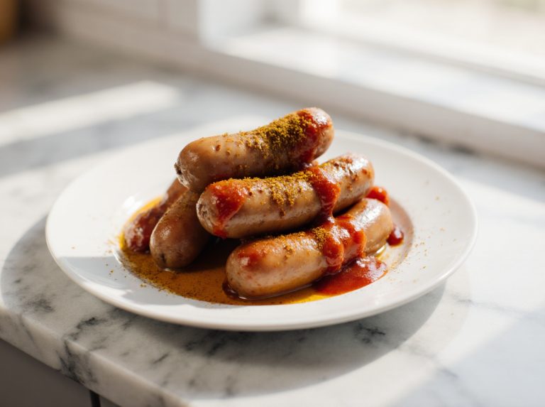 Currywurst aus der Heißluftfritteuse - eine köstliche deutsche Spezialität.