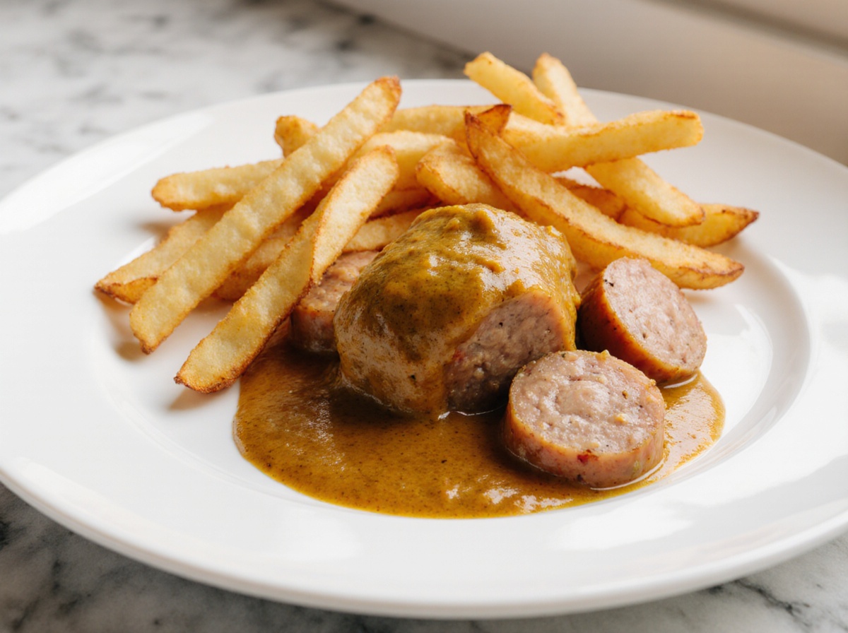 Leckere Currywurst & Pommes aus der Heißluftfritteuse auf einem Teller.