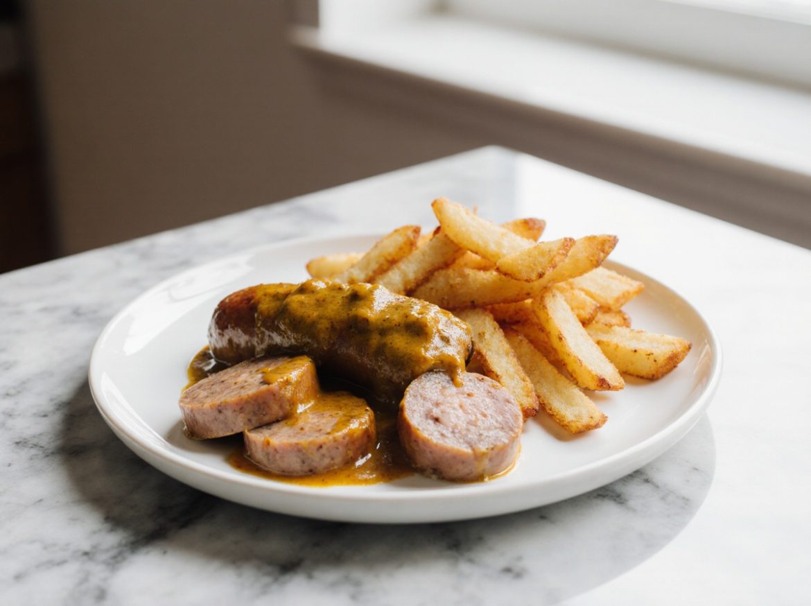 Leckere Currywurst und Pommes aus der Heißluftfritteuse.