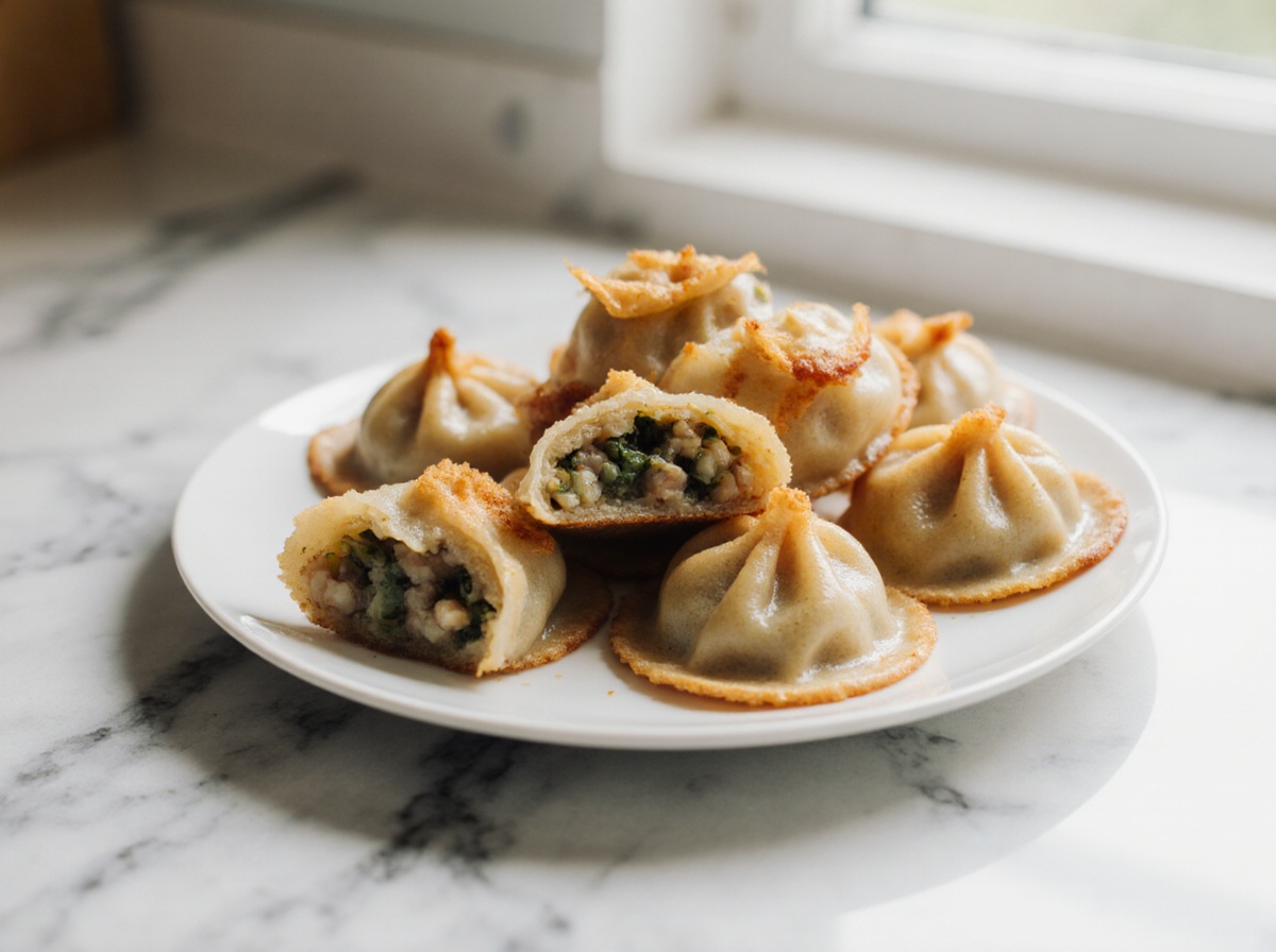 Dumplings aus der Heißluftfritteuse frisch zubereitet auf einem Teller.