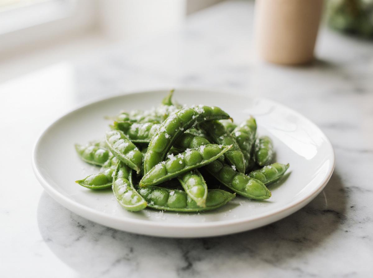 Leckere Edamame in der Heißluftfritteuse zubereitet, perfekt für einen gesunden Snack.