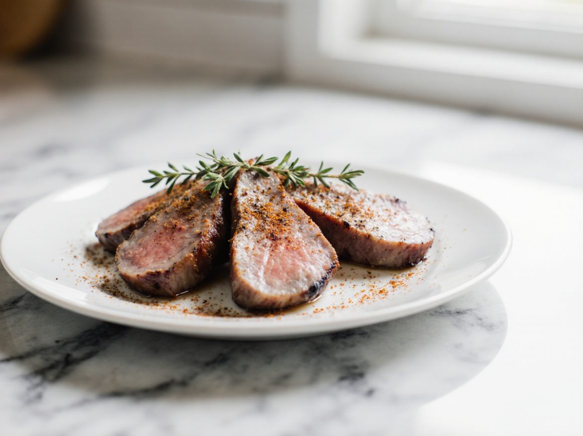 Entenbrustfilet zubereitet in der Heißluftfritteuse, perfekt knusprig.