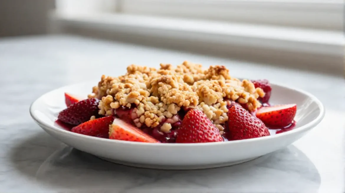 Erdbeer-Crumble aus dem Airfryer frisch zubereitet.