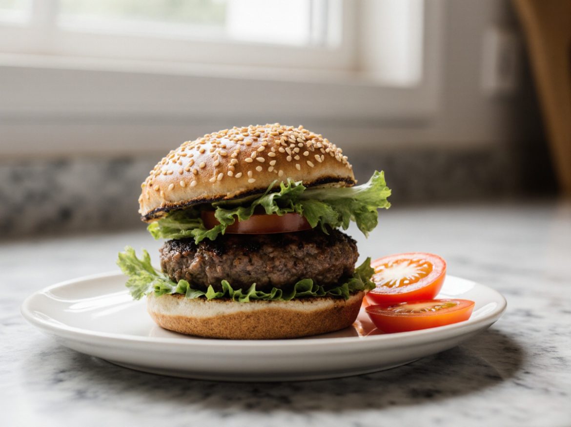 Fertige Hamburger in der Heißluftfritteuse - köstlich und knusprig zubereitet.
