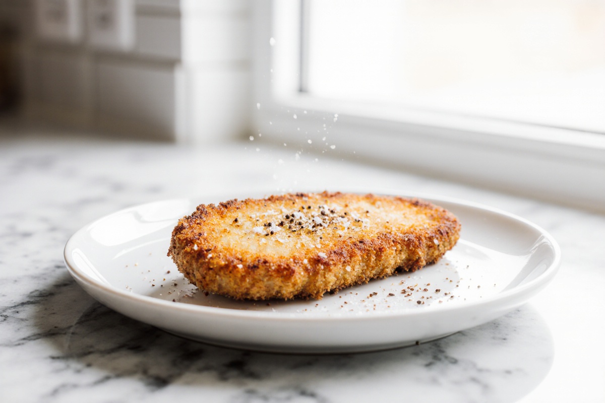 Fertige Schnitzel im Airfryer perfekt zubereitet.