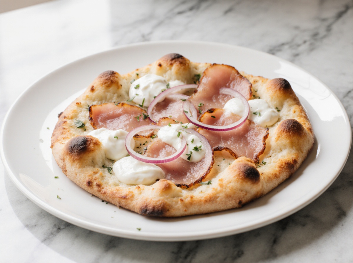 Flammkuchen Pizza aus der Heißluftfritteuse - ein köstliches Gericht für alle Liebhaber der schnellen Küche.