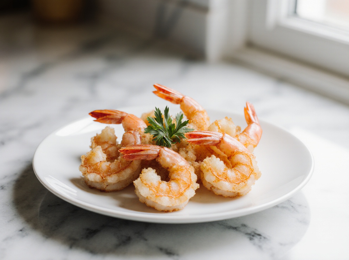 Frische Tempura-Garnelen aus der Heißluftfritteuse, knusprig und lecker.