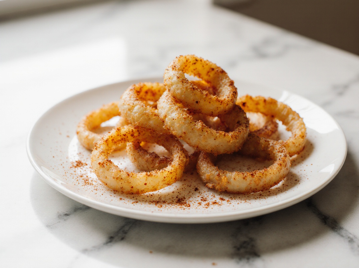 Frittierte Zwiebel in der Heißluftfritteuse schmeckt besonders knusprig.