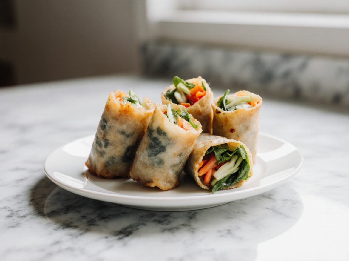 Leckere Frühlingsrollen, die in der Heißluftfritteuse zubereitet werden.