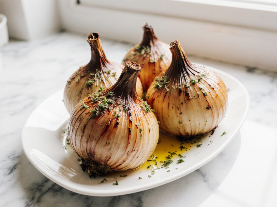 Ganze Zwiebel in der Heißluftfritteuse zubereitet für ein köstliches Gericht.