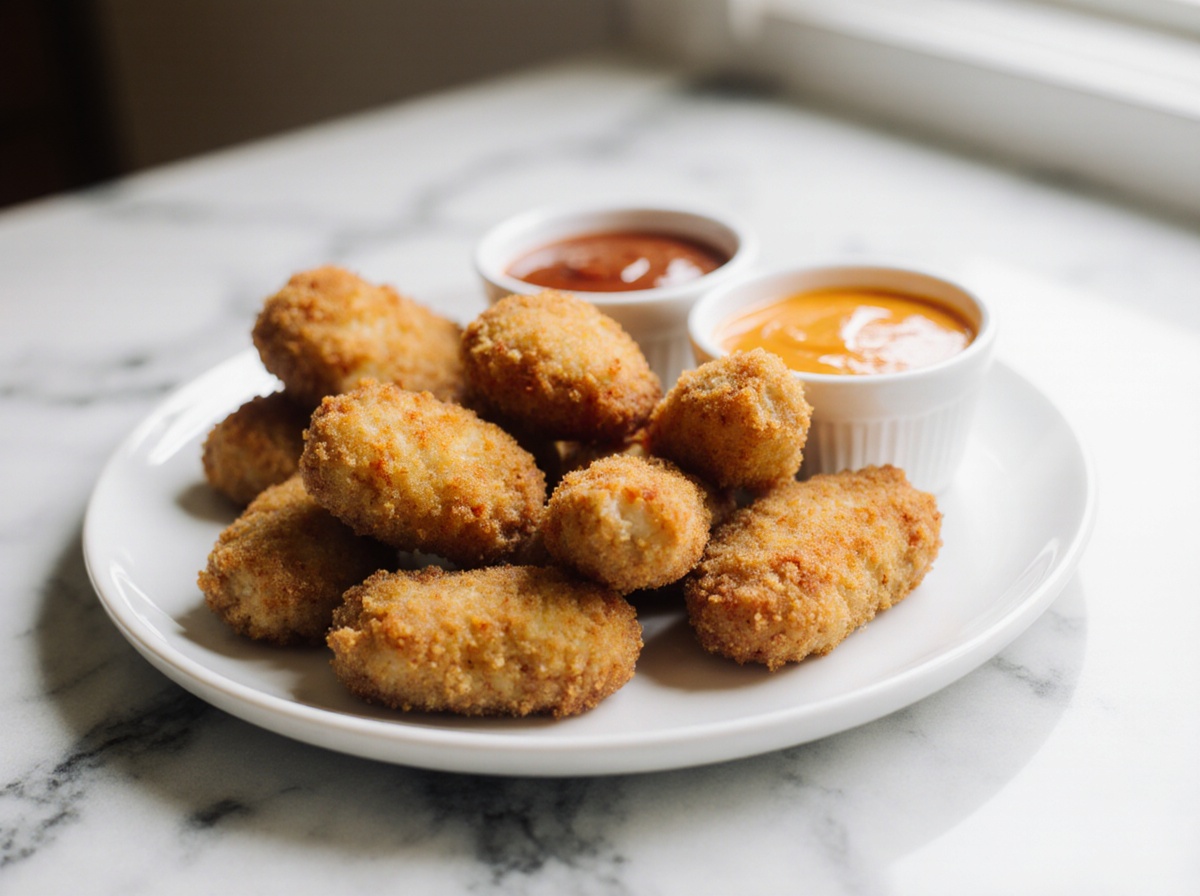 Gefrorene Chicken Nuggets in der Heißluftfritteuse zubereitet.